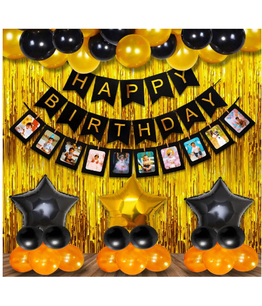 Jolly Party  Happy Birthday Decoration Kit Combo Foil Curtain 48pcs Set - 1pc black happy birthday banner, 2pcs golden foil curtain, 3pcs star foil balloons, 1pc photo banner, 40pcs golden black metallic balloons and 1pc glue dot .