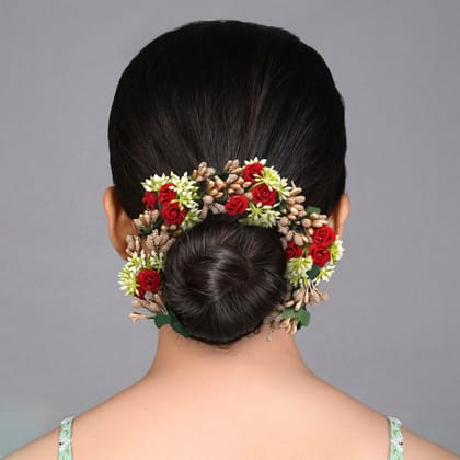 Multi Color Rose Flower Gajra For Women Hair Pin (HRP220MLT)-Length: 22.00 CM x Width: 4.00 CM / Gold / Alloy