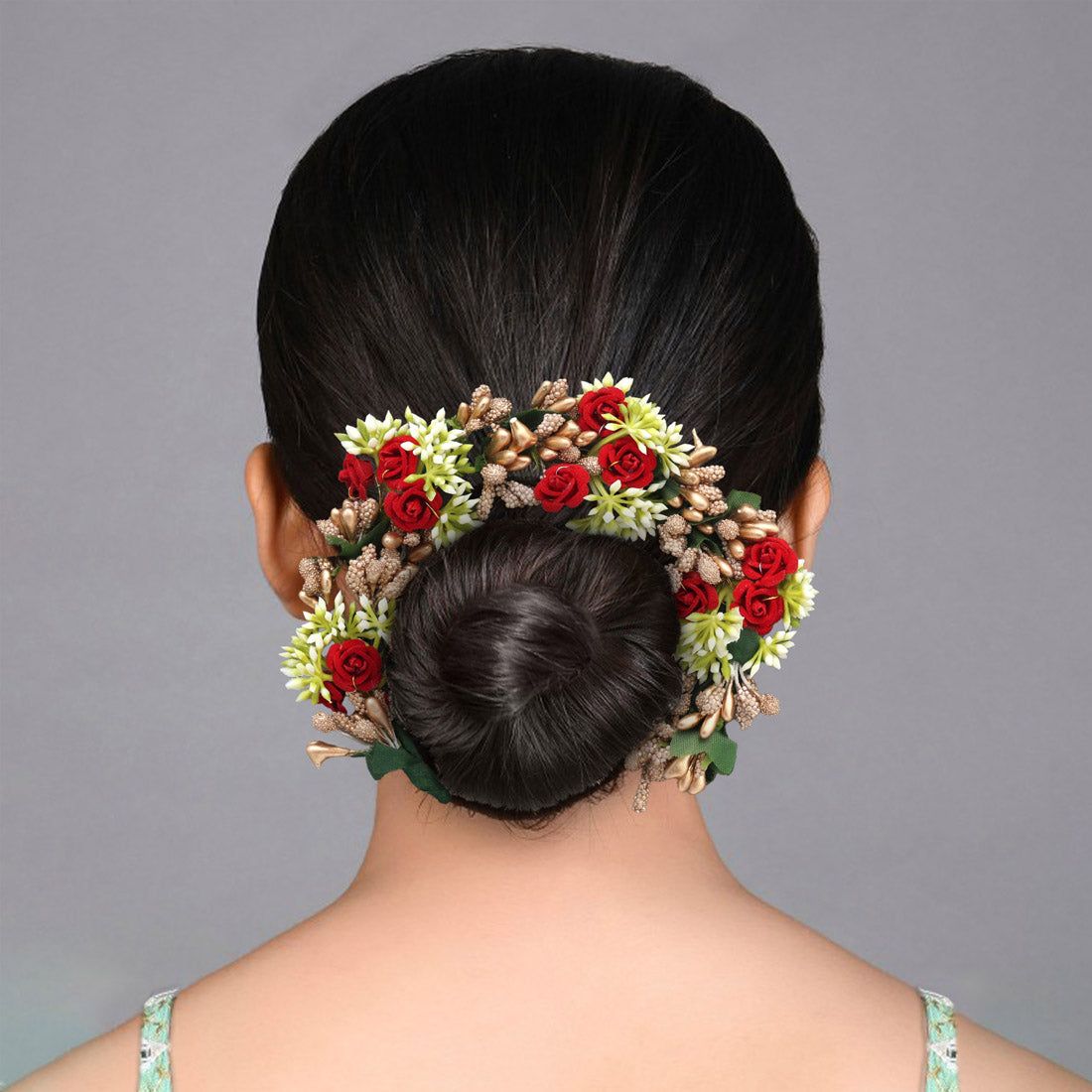 Multi Color Rose Flower Gajra For Women Hair Pin (HRP220MLT)-Length: 22.00 CM x Width: 4.00 CM / Gold / Alloy