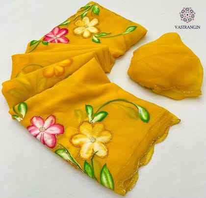 New Function Wear Yellow Color Soft Chiffon Handbrush Print n Handwork Fancy Designer Saree With Blouse