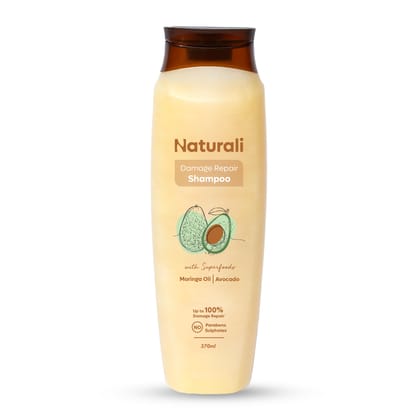 Naturali Damage Repair Shampoo | Improves Damaged Hair In Just 4 Uses | With Avocado & Moringa Oil | Sulphate Free | For Women | Shampoo for Frizzy and Dry Hair | Paraben Free | 370 ml Naturali Damage Repair Shampoo | Improves Damaged Hair In Just 4 Uses