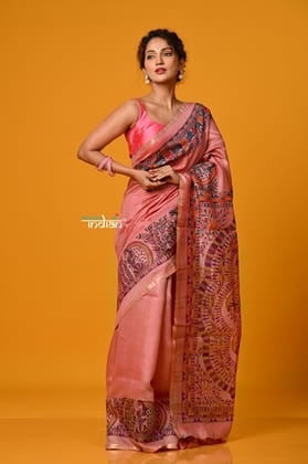 Param Sundari ~ HandPainted Madhubani Elegant Soft Pink Pure Tussar Saree (By Khadigram certified Weavers)