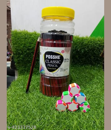 Posshe Red & black Pencil 100 Pcs Jar Pack with 4 PCS Large Florcent Hexa Eraser