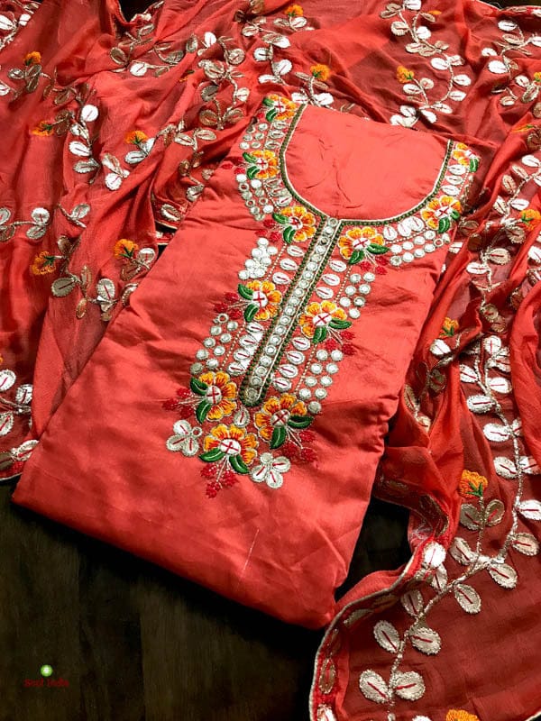 Chanderi Cotton Gota Patti Suit Piece With Full Work