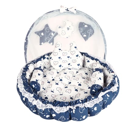 LOREM Blue 3 Pillow with Mosquito Protection Net & Round Shape Cotton Baby Bed for 0-1 Year BB21