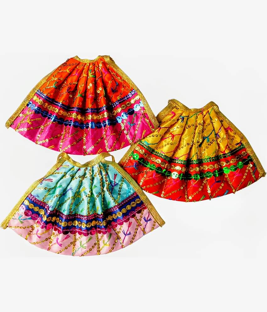 Cherry Tree Durga Mata Multicolor Silk Lehanga ( Pack of 3 )