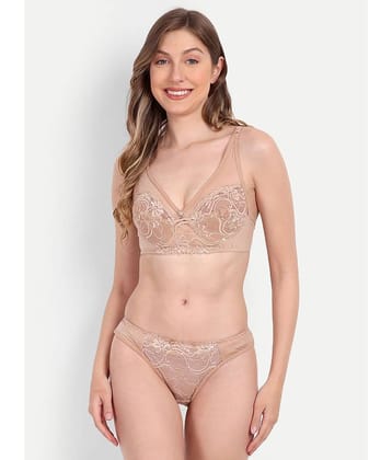 Aprozone Nylon Women's Bra & Panty Set ( Beige ) Lingerie Set