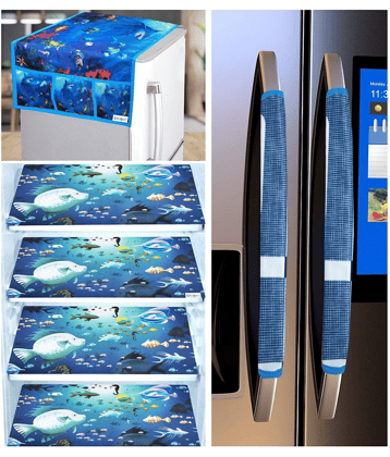 Crosmo Polyester Graphic Fridge Mat & Cover ( 64 18 ) Pack of 7 - Blue