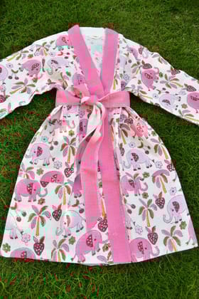 Kids Handblock Premium Cotton Bathrobe Pink Elephant pattern Medium (4-6 years)