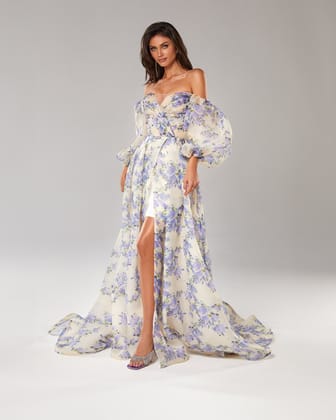 Tender Floral Puff Sleeves Maxi Dress-Organza / XXS