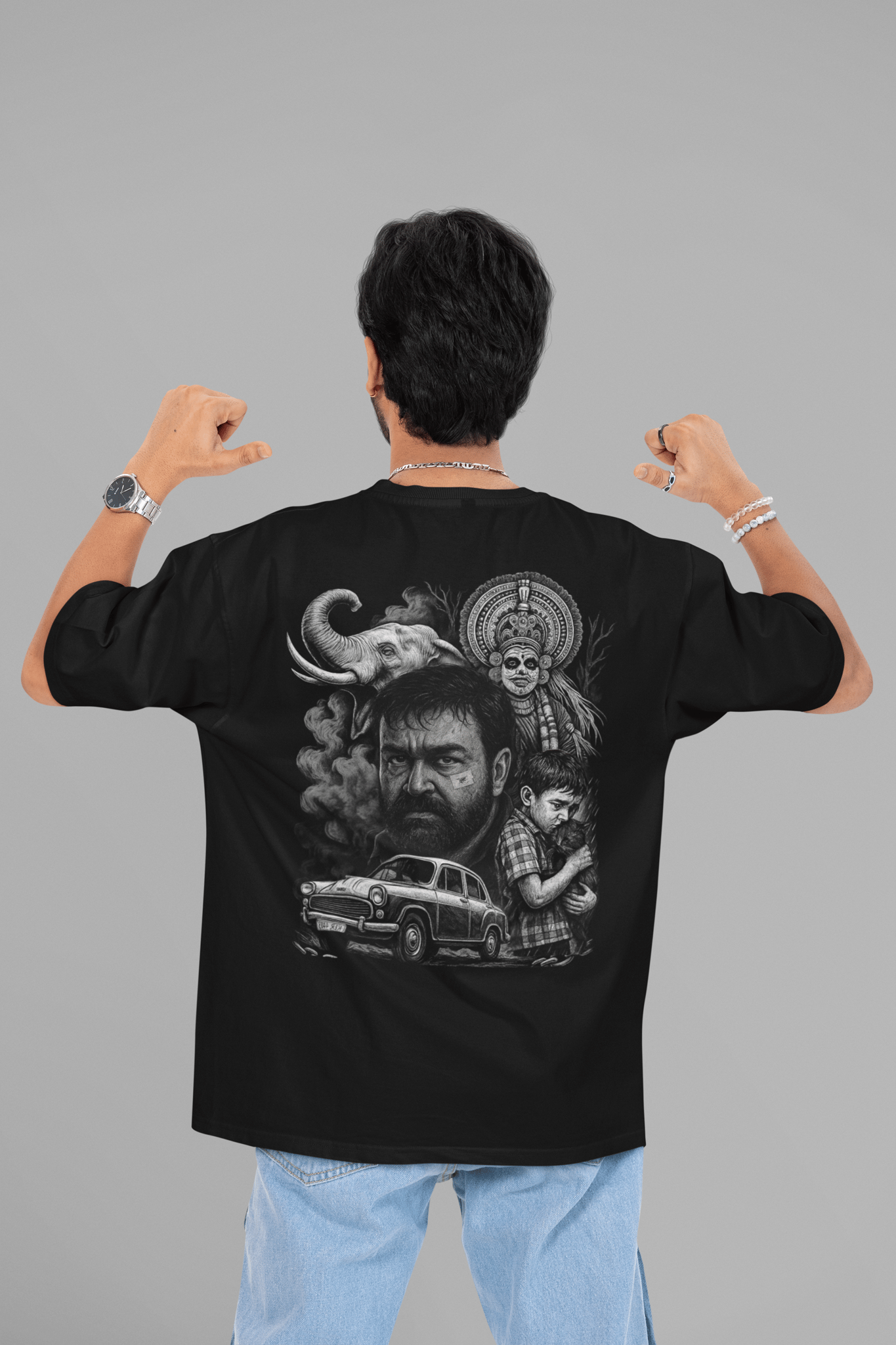 Thudarum movie Round Neck Drop Shoulder Graphic Printed Oversized Cotton T-shirt-S / Black