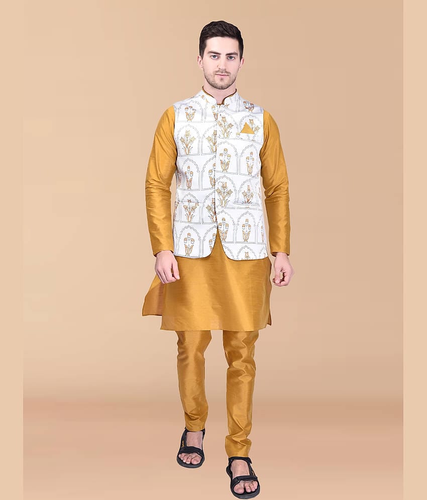 PRINTCULTR Gold Silk Regular Fit Men's Kurta Pyjama Set ( Pack of 1 )