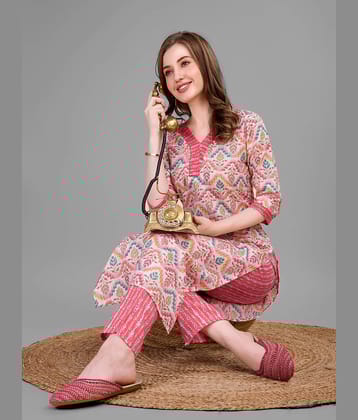Women Basket Cotton Blend Printed Kurti With Pants Women's Stitched Salwar Suit - Pink ( Pack of 1 )