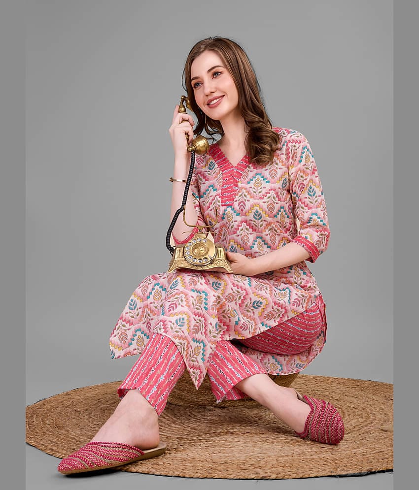 Women Basket Cotton Blend Printed Kurti With Pants Women's Stitched Salwar Suit - Pink ( Pack of 1 )