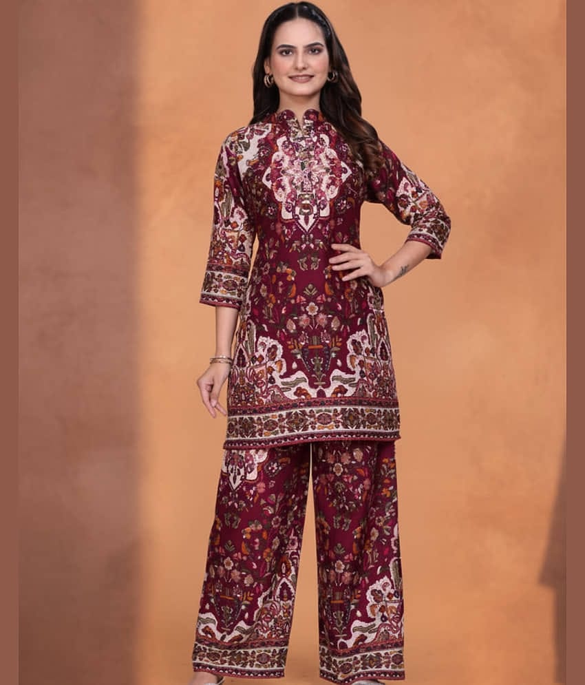 VANVAAM Women Printed Top With Palazzos Co-Ord Set ( Wine )