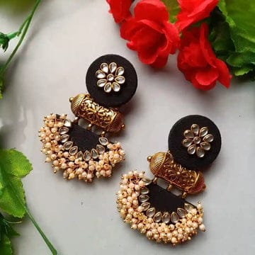 BLACK FEBRIC JUMKHA EARRINGS WITH PEARLS AND STONES (PACK OF 1)