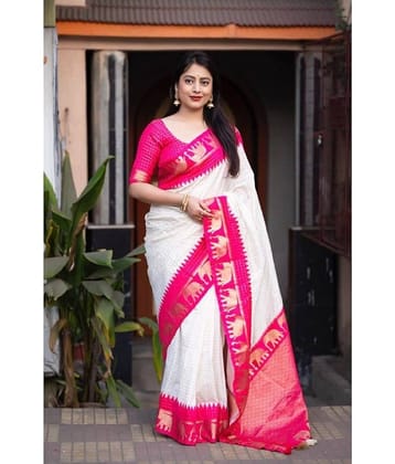 JULEE Banarasi Silk Embellished Saree With Unstitched Blouse Piece ( White )