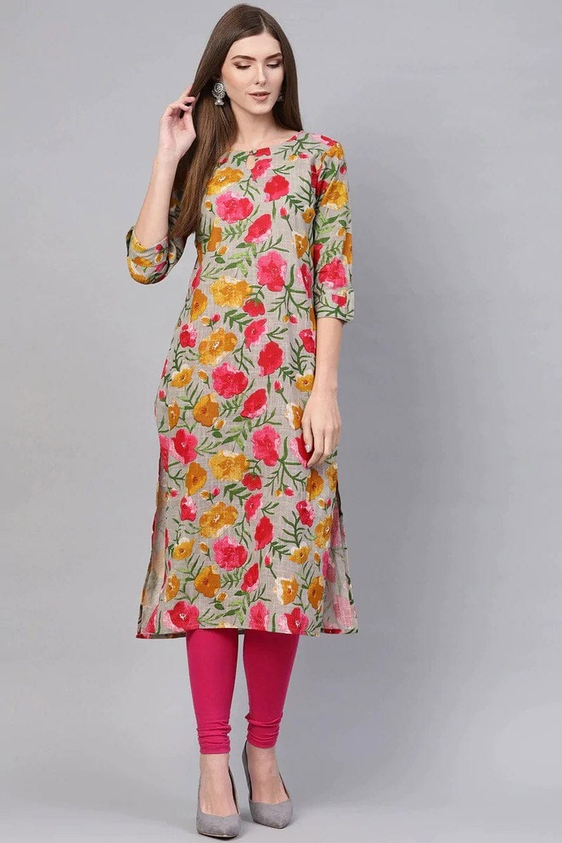 Printed Grey Cotton Blend Fabric Kurti VCK1131