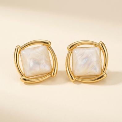 Gold-Rimmed Faux Pearl Square Studs - Ivory/Pearl | Gold-Tone Anti-Tarnish Imitation Jewellery - Earrings | Buy online on ZillyBuy