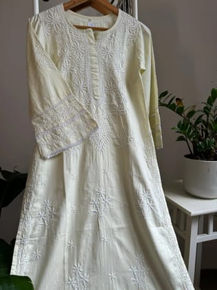 Cotton Chikankari Kurti -  Light Yellow-Light Yellow / cotton / L