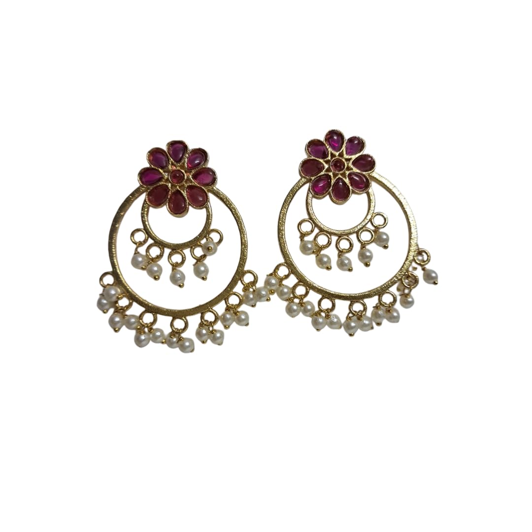 Anvaya Collections Stylish Oxidized Brass Earrings with pink Floral Design and Pearl Drops for Women
