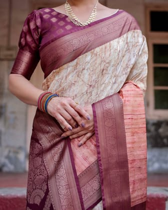 Marble-Print Banarasi Silk Saree in Deep Maroon with Zari Weaving and Tassels-Regular