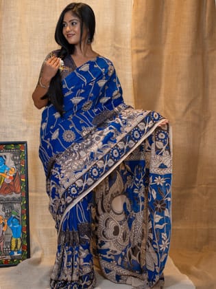 Nila kalamkari Silk Saree