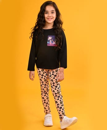 PLANET BLACK LONG SLEEVES GIRLS T-SHIRT LEOPARD PEACH LEGGING SET - BLACK/PEACH-0-6 MONTHS / 2N / BLACK/PEACH