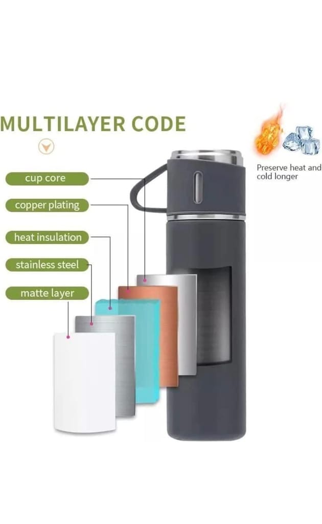 Double Wall Stainless Steel Thermo Vacuum Insulated Bottle Water Flask Gift Set with Two Cups Hot & Cold (Assorted Color)