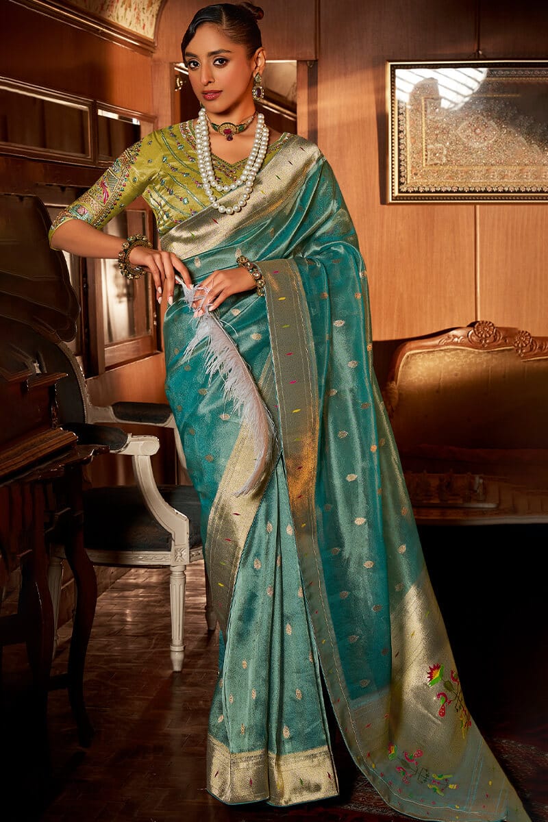 Teal Green Paithani Tissue Silk Saree With Embroidery Blouse