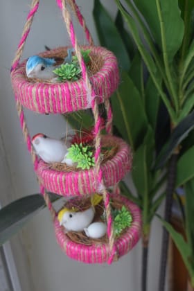 Decorative Bird Nest Wreath with Pink Jute Rope, White Birds, Green Succulents, Natural Twine, Spring Home Decor