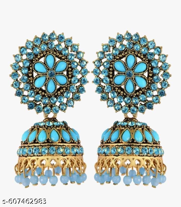Traditional gold plated wedding Jhumkas Jhumka Jhumki Ghungroo Statement Earrings Jewelry for Women white colour stone jhumki sky- blue color jhumki for women (sky-blue)