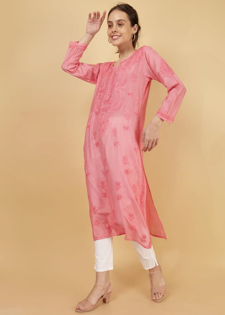Chanderi Silk Hand Embroidered Long Pink Festive Kurta