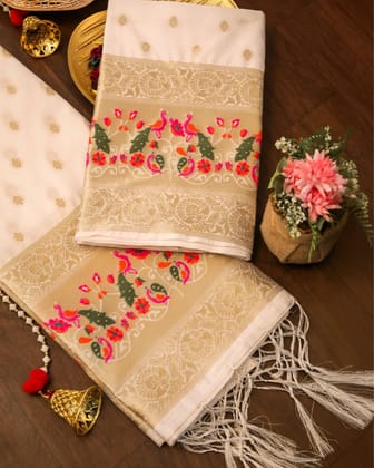 Noor-e-Banaras Zari Brocade Cream Silk Suit