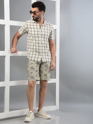 Beige Floral Print 100% Cotton Shorts-30 / Beige