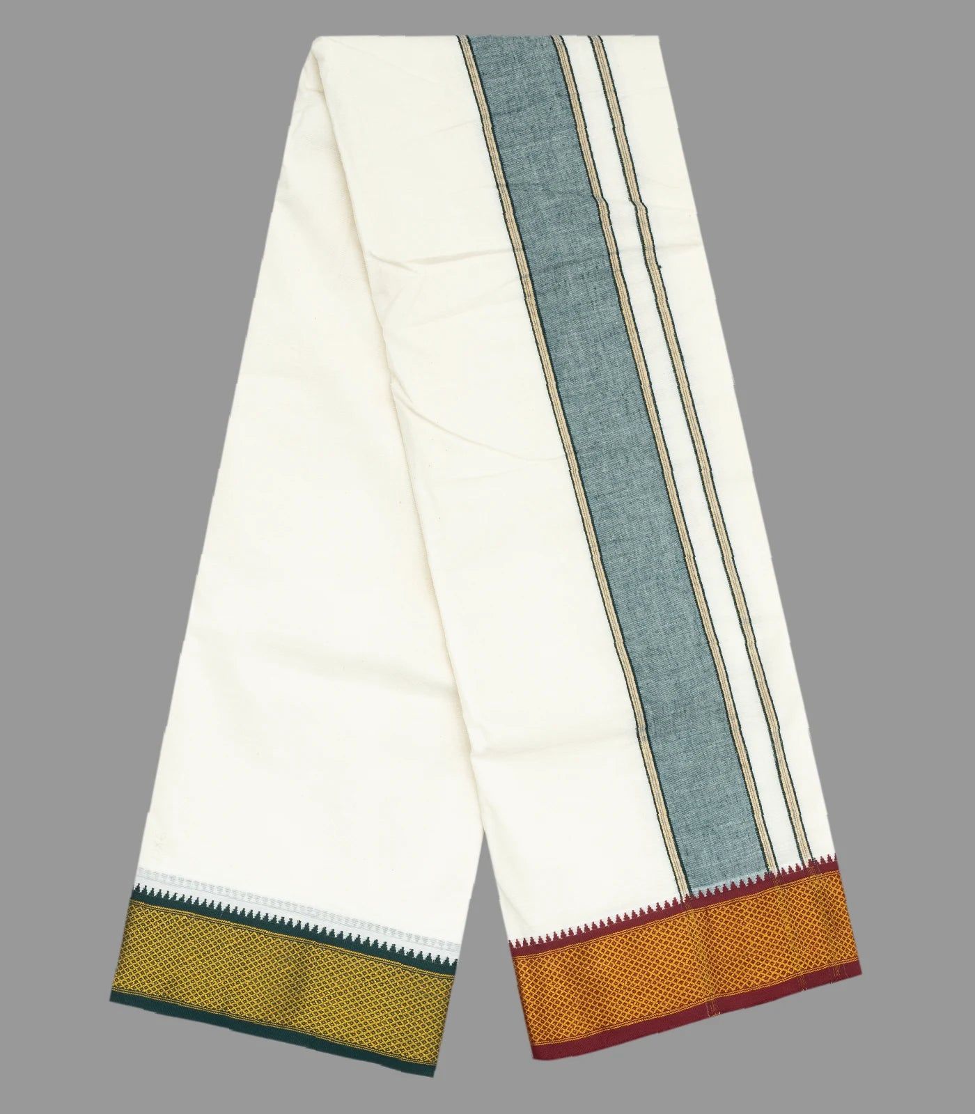 Cream 10 x 6 Cotton Dhoti with Green And Crimson 13 Kan Border-CD1453-Cream