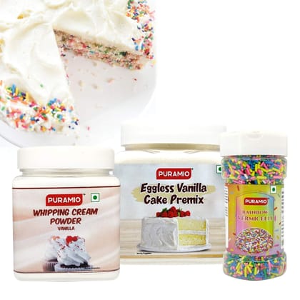 Puramio "Vanilla Cake" Making Kit - Whipping Cream (Vanilla), 250 gm + Vanilla Cake Premix, 350 gm + Rainbow Vermicelli, 125 gm