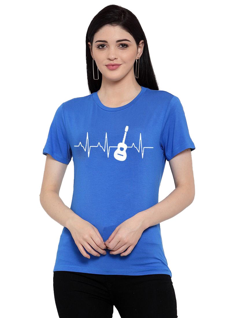 Women's Cotton Blend Bass Guitar Heartbeat Line Art Printed T Shirt S (Blue)