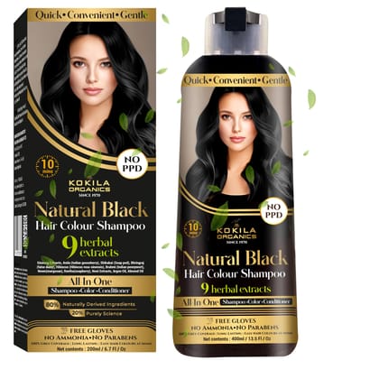 Kokila NO PPD Shampoo Hair Colour - Black 400ml for Women and Men | Natural Extracts | Colours Hair in 10 Minutes | Ammonia Free, Paraben Free - 10 Pair Free Gloves Kokila NO PPD Shampoo Hair Colour - Black 400ml for Women and Men | Natural Extracts | Co