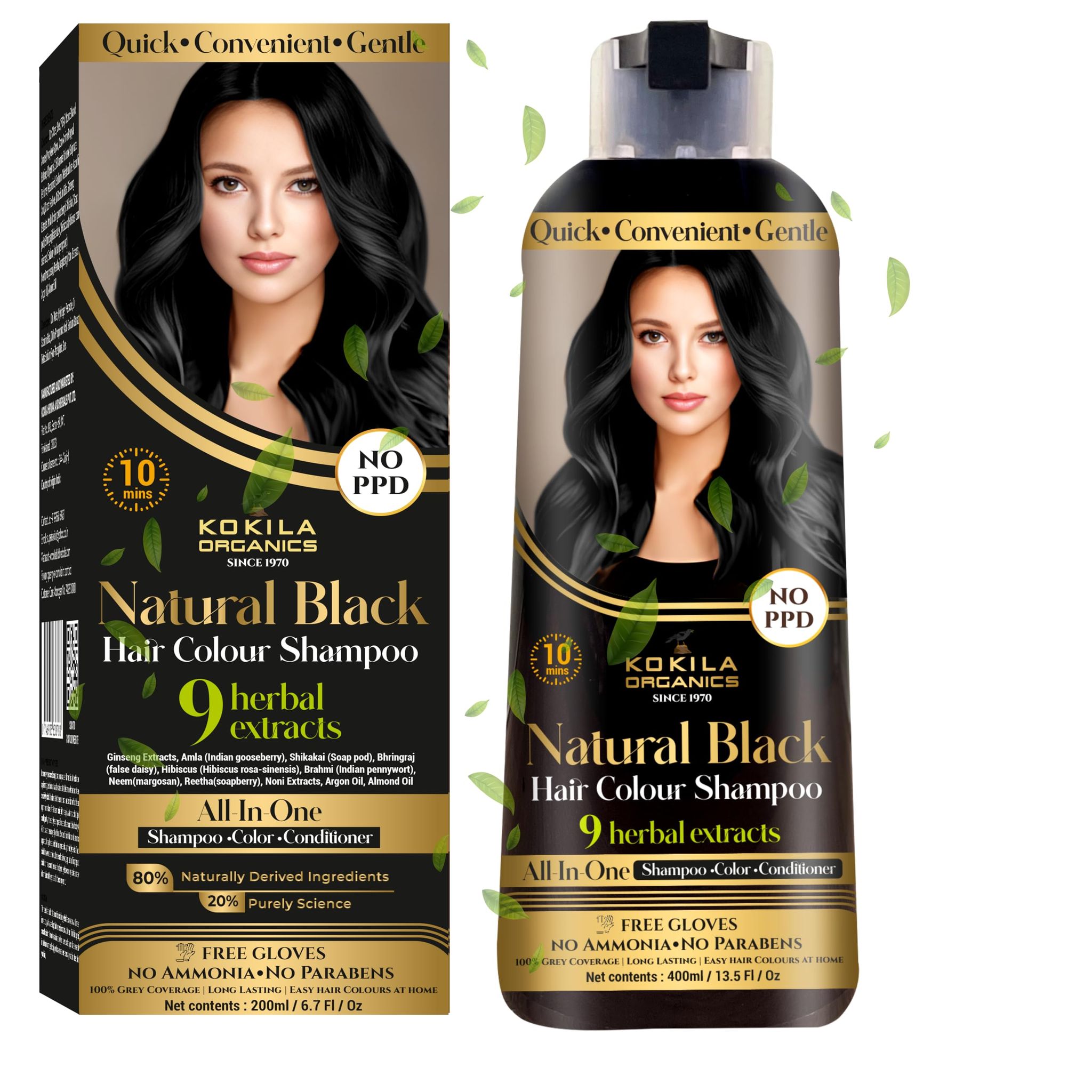 Kokila NO PPD Shampoo Hair Colour - Black 400ml for Women and Men | Natural Extracts | Colours Hair in 10 Minutes | Ammonia Free, Paraben Free - 10 Pair Free Gloves Kokila NO PPD Shampoo Hair Colour - Black 400ml for Women and Men | Natural Extracts | Co