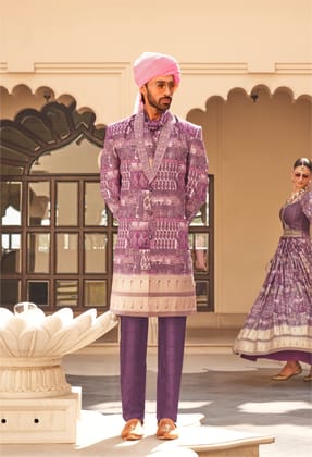 Plum Printed Men Kurta set with Zari Work Coat