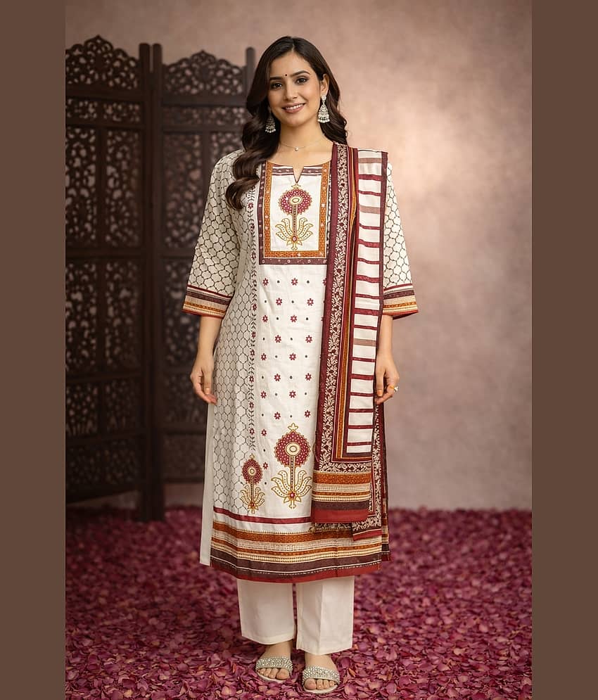 Aarika Women Cotton Embellished Straight Kurti With Palazzo ( Cream )