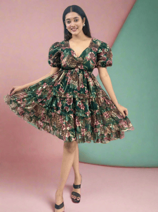Green Tiger Printed Jacquard Fabric Short Dress-S