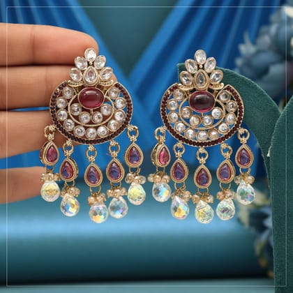 Magenta Color American Diamond Earrings-Default Title / Magenta / Alloy With Good Quality Mehndi Gold Plated