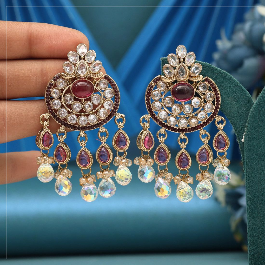Magenta Color American Diamond Earrings-Default Title / Magenta / Alloy With Good Quality Mehndi Gold Plated