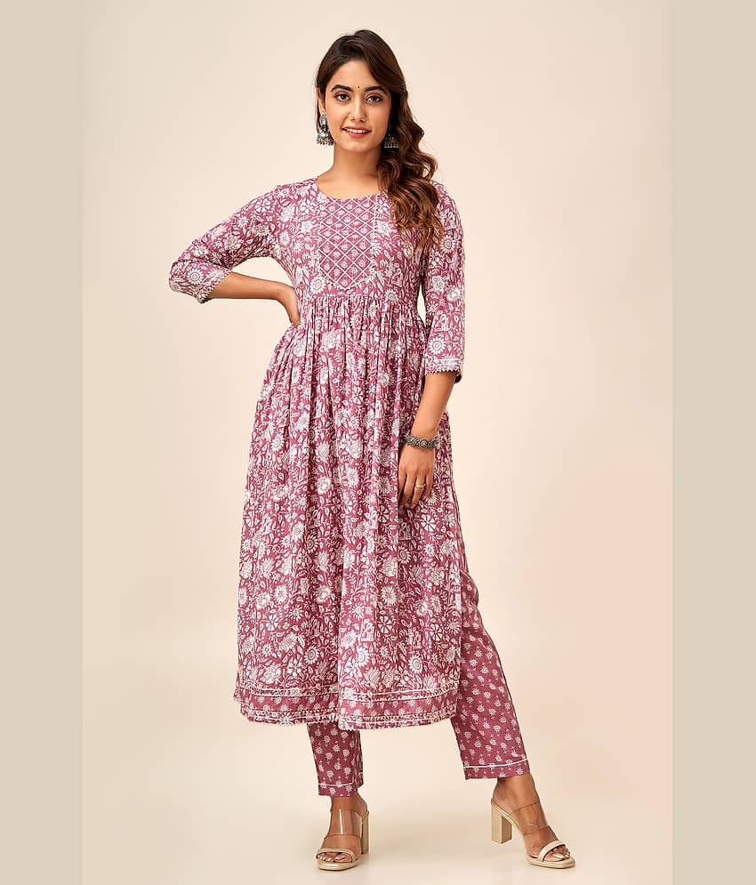 FabbibaPrints Cotton Printed Anarkali Women's Kurti - Mauve ( Pack of 1 )