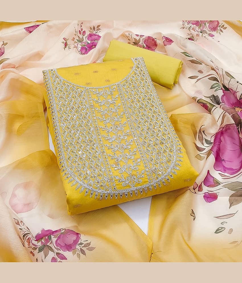 Rangtulika Ethnics Unstitched Cotton Embroidered Dress Material - Yellow ( Pack of 1 )