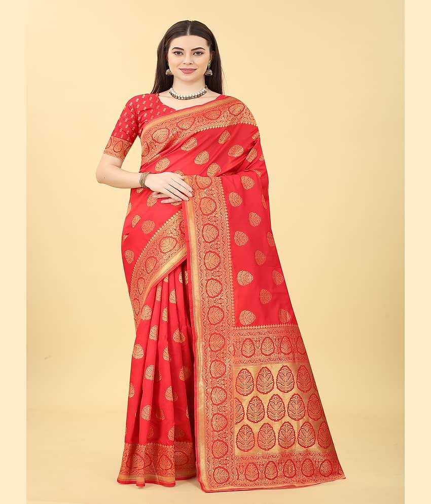 NENCY FASHION Banarasi Silk Embellished Saree With Stitched Blouse ( Red )