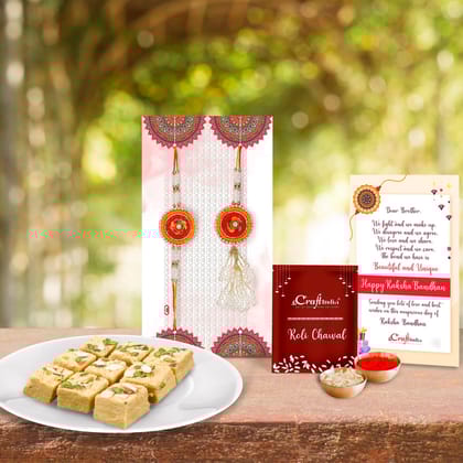 Designer Handcrafted Premium Bhaiya Bhabhi Rakhi with Soan Papdi (500 Gm) and Roli Chawal Pack, Best Wishes Greeting Card