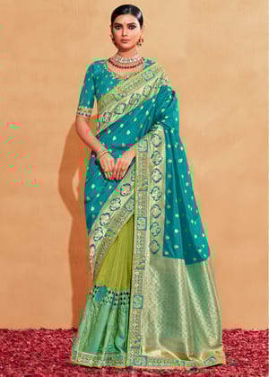 Teal Blue Woven Banarasi Designer Silk Saree